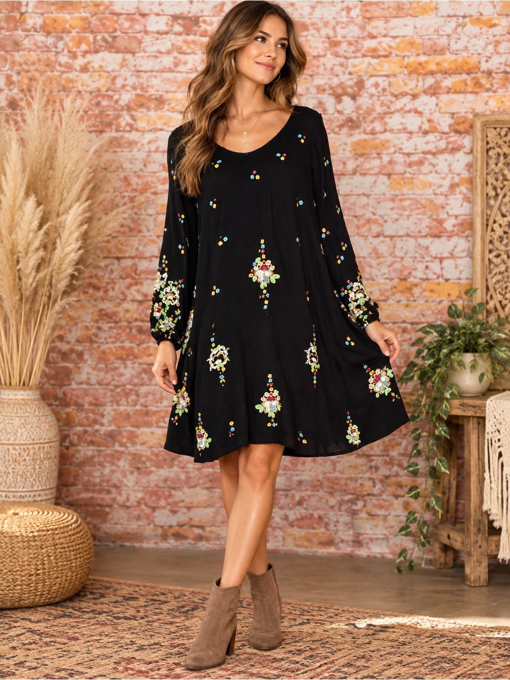 Free People Black Floral
Embroidered Gauzy Boho Mini Dress